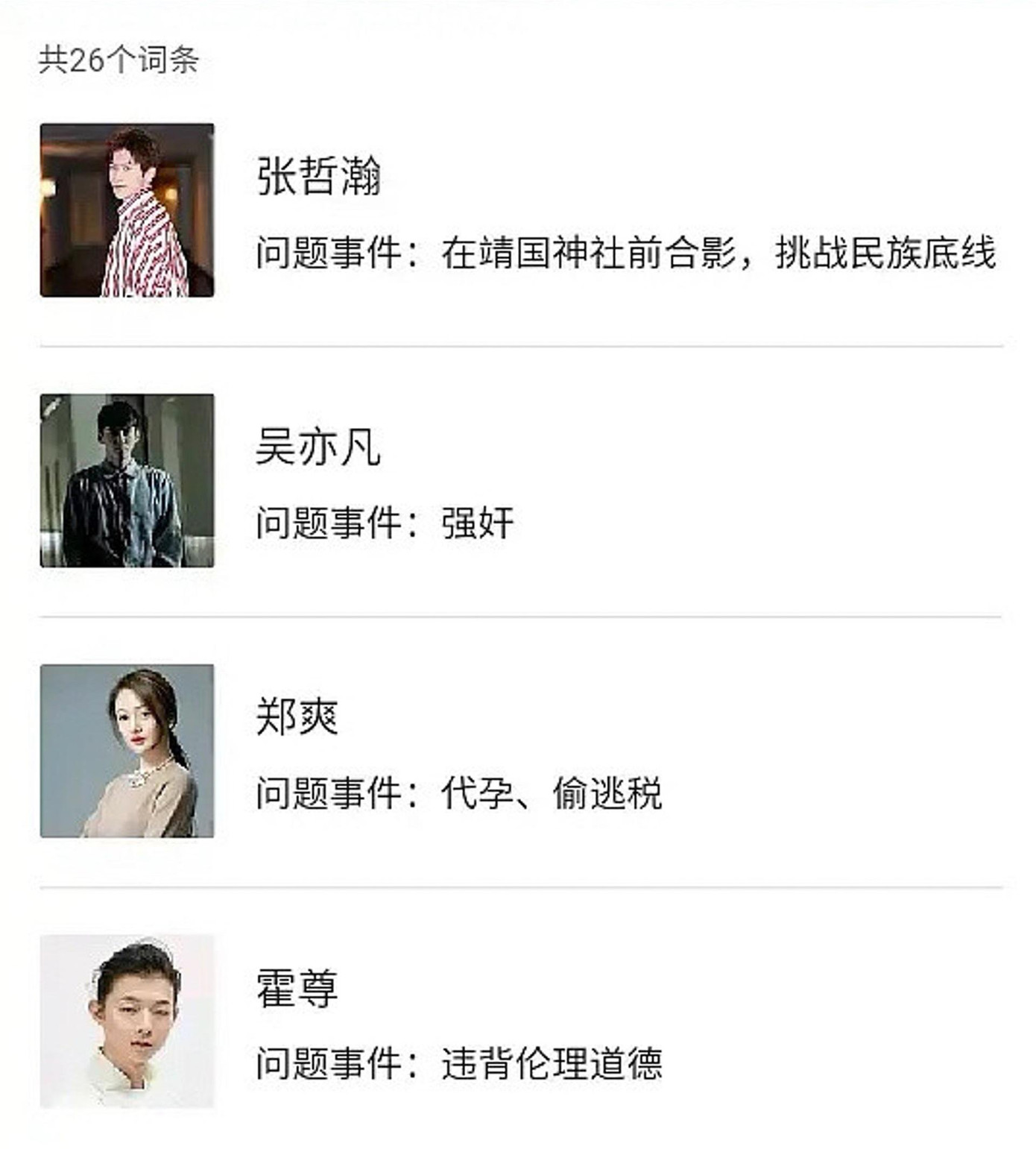 Trương Triết Hạn, Ngô Diệc Phàm, Trịnh Sảng và Hoắc Tôn là 4 cái tên đầu tiên bị bêu trong danh sách 26 "nghệ sĩ ô danh".