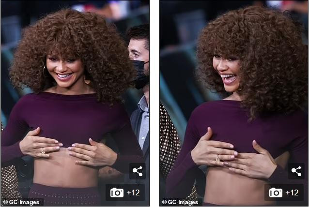 Bộ đồ bắt sân khấu, nhưng chiếc áo siêu ngắn khiến Zendaya khá bối rối khi phải liên tục dùng tay che chắn.