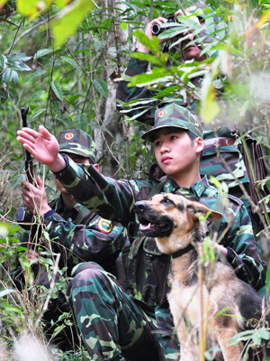 Trinh sát biên phòng Lạng Sơn và chó chiến đấu mật phục trên đường tuần tra. ẢNH: NGUYỄN MINH. Trinh sát biên phòng Lạng Sơn và chó chiến đấu mật phục trên đường tuần tra. ẢNH: NGUYỄN MINH