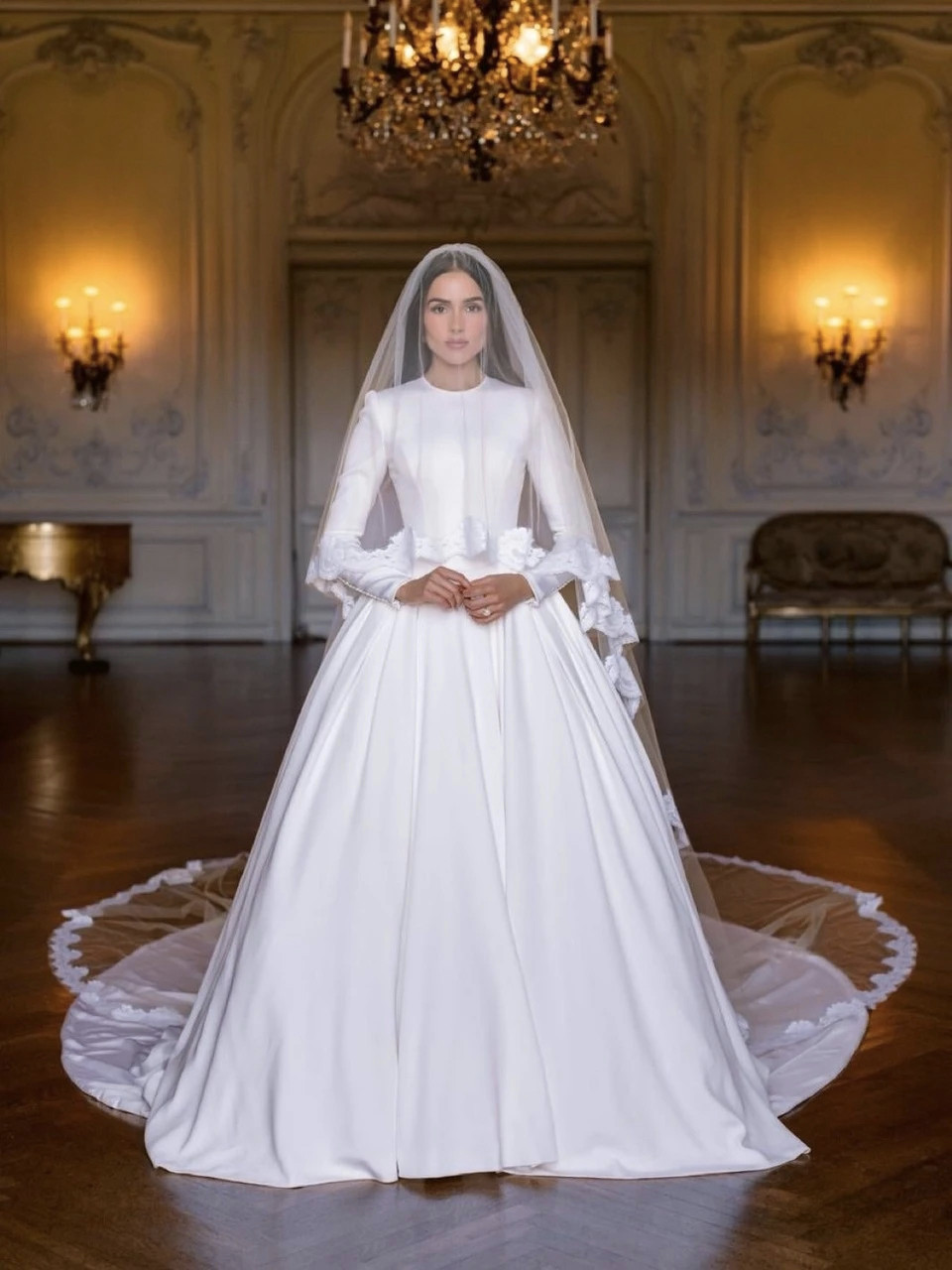 Olivia Culpo mặc váy cưới kín đáo, thanh lịch.