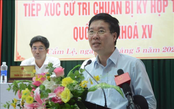 Ủy viên Bộ Chính trị, Thường trực Ban Bí thư Võ Văn Thưởng phát biểu tại buổi tiếp xúc cử tri. Ảnh: TTXVN