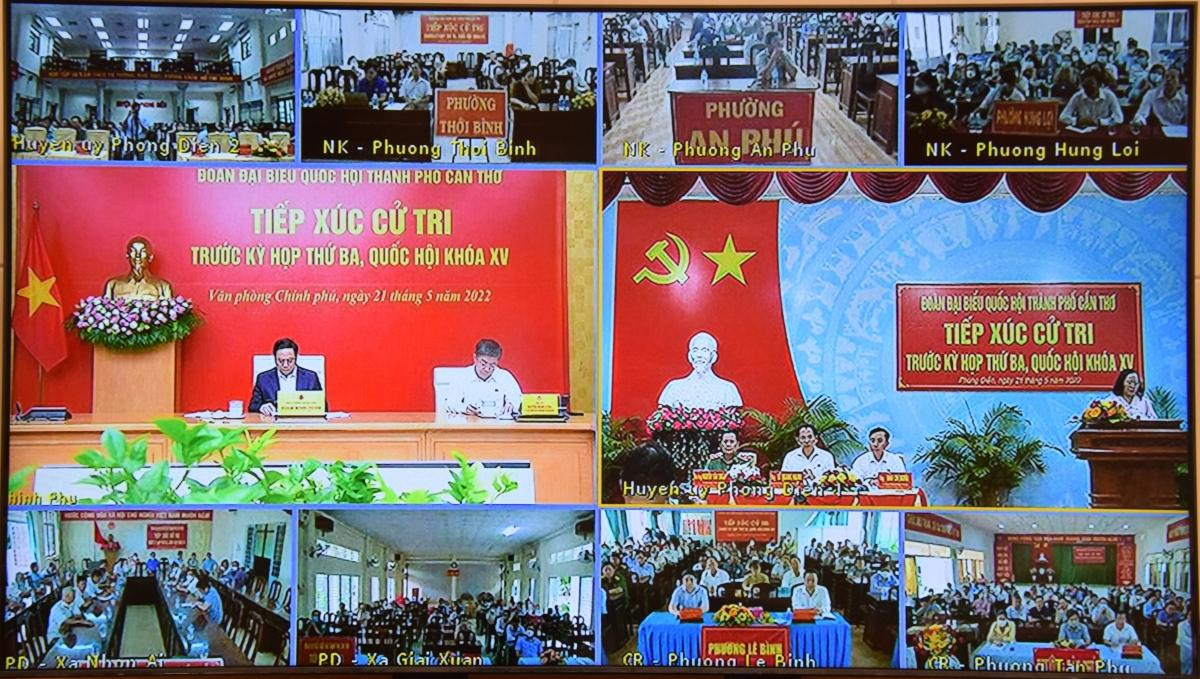 Cuộc tiếp xúc cử tri được kết nối giữa điểm cầu trụ sở Chính phủ với điểm cầu Hội trường Huyện ủy Phong Điền, thành phố Cần Thơ; các điểm cầu tại hội trường UBND của 25 xã, phường, thị trấn thuộc 9 quận huyện thành phố Cần Thơ. Ảnh: VOV Cuộc tiếp xúc cử tri được kết nối giữa điểm cầu trụ sở Chính phủ với điểm cầu Hội trường Huyện ủy Phong Điền, thành phố Cần Thơ; các điểm cầu tại hội trường UBND của 25 xã, phường, thị trấn thuộc 9 quận huyện thành phố Cần Thơ. Ảnh: VOV