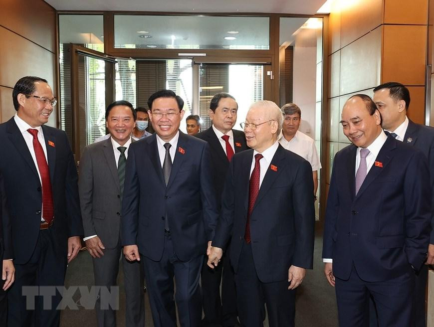Tổng Bí thư Nguyễn Phú Trọng cùng các đồng chí lãnh đạo Đảng, Nhà nước và các đại biểu dự phiên bế mạc Kỳ họp thứ tư, Quốc hội khóa XV. Ảnh: TTXVN