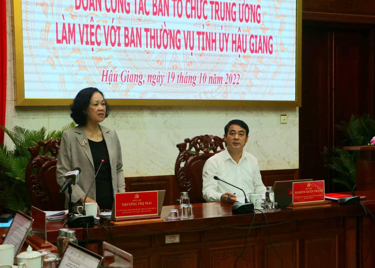 Trưởng Ban Tổ chức Trung ương Trương Thị Mai phát biểu tại buổi làm việc. Ảnh: DK Trưởng Ban Tổ chức Trung ương Trương Thị Mai phát biểu tại buổi làm việc. Ảnh: DK