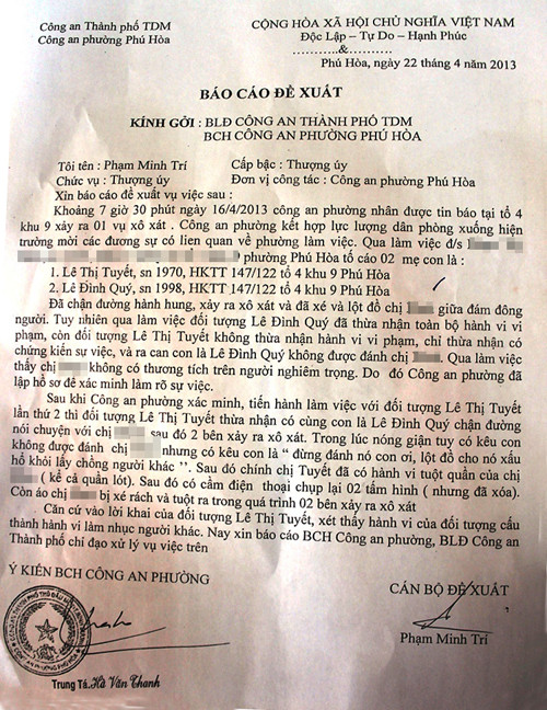Văn bản báo cáo của Công an P.Phú Hòa