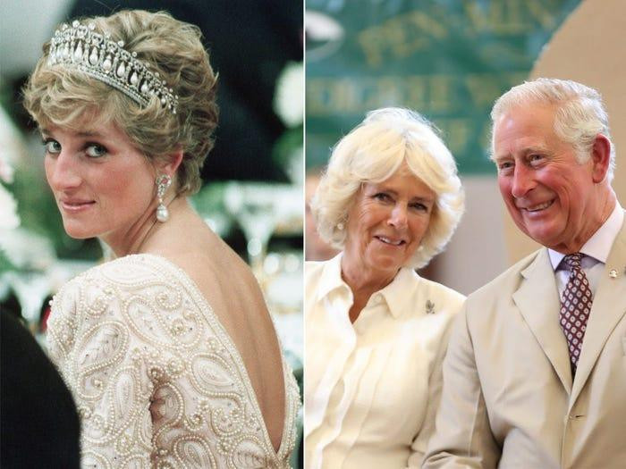 Công nương Diana (trái) từng có cuộc hôn nhân không hạnh phúc với Thái tử Charles. Sau khi Diana qua đời, Thái tử Charles đã kết hôn với bà Camilla Parker-Bowles (phải).