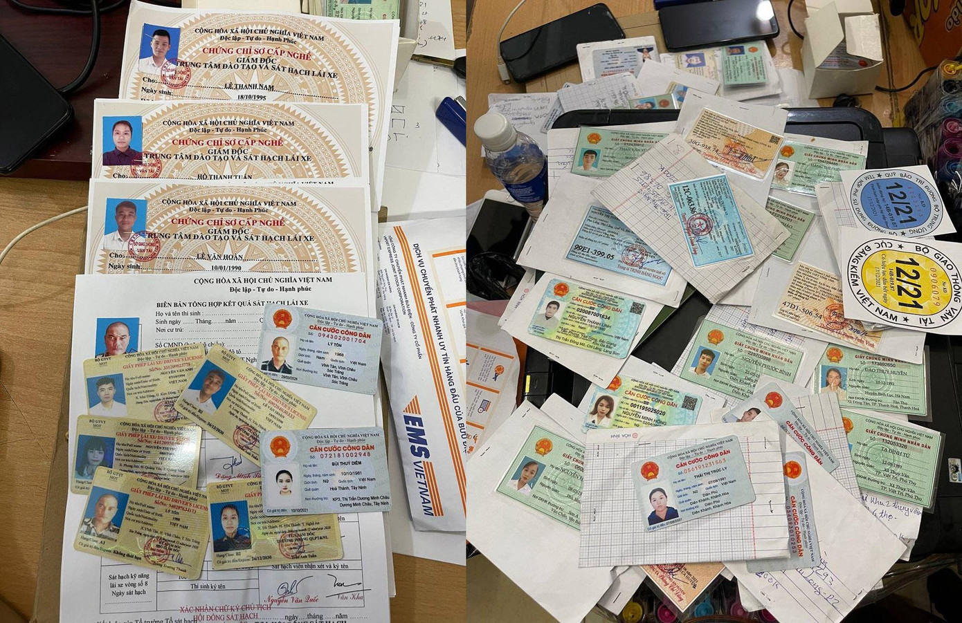 Nhiều loại giấy tờ giả bị thu giữ. Nhiều loại giấy tờ giả bị thu giữ.