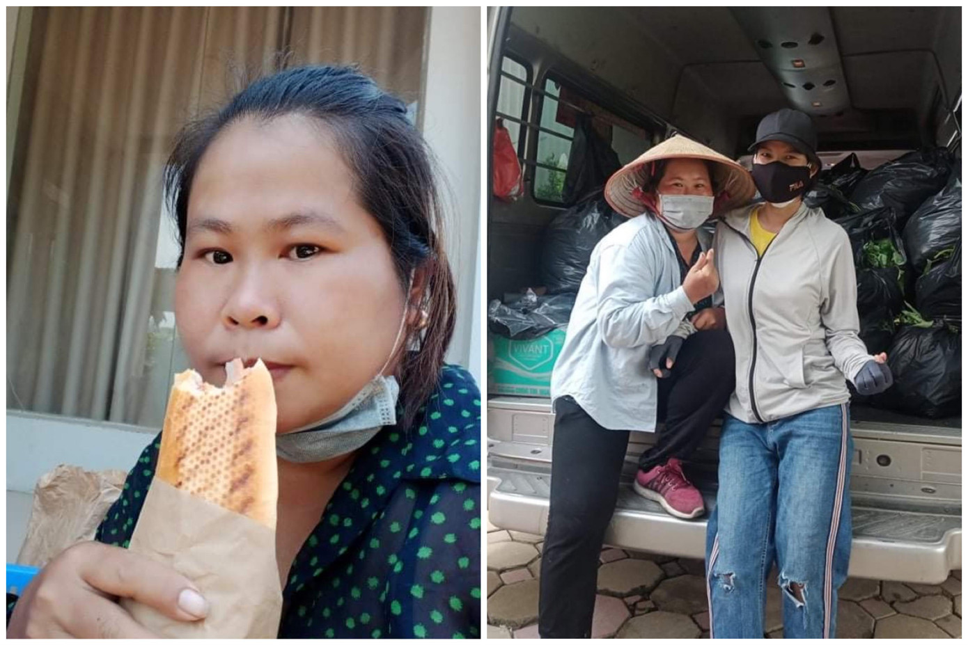 Tình nguyện viên ăn vội bữa trưa sau một buổi cắt rau từ 5 giờ sáng. Thành quả của nhóm là hơn 1 tấn rau xanh, sẽ chuyển tặng những khu vực khó khăn, bếp ăn 0 đồng. Nhóm có chuyến rau đầu tiên hồi cuối tháng 7/2021, khi Hà Nội bắt đầu giãn cách xã hội.