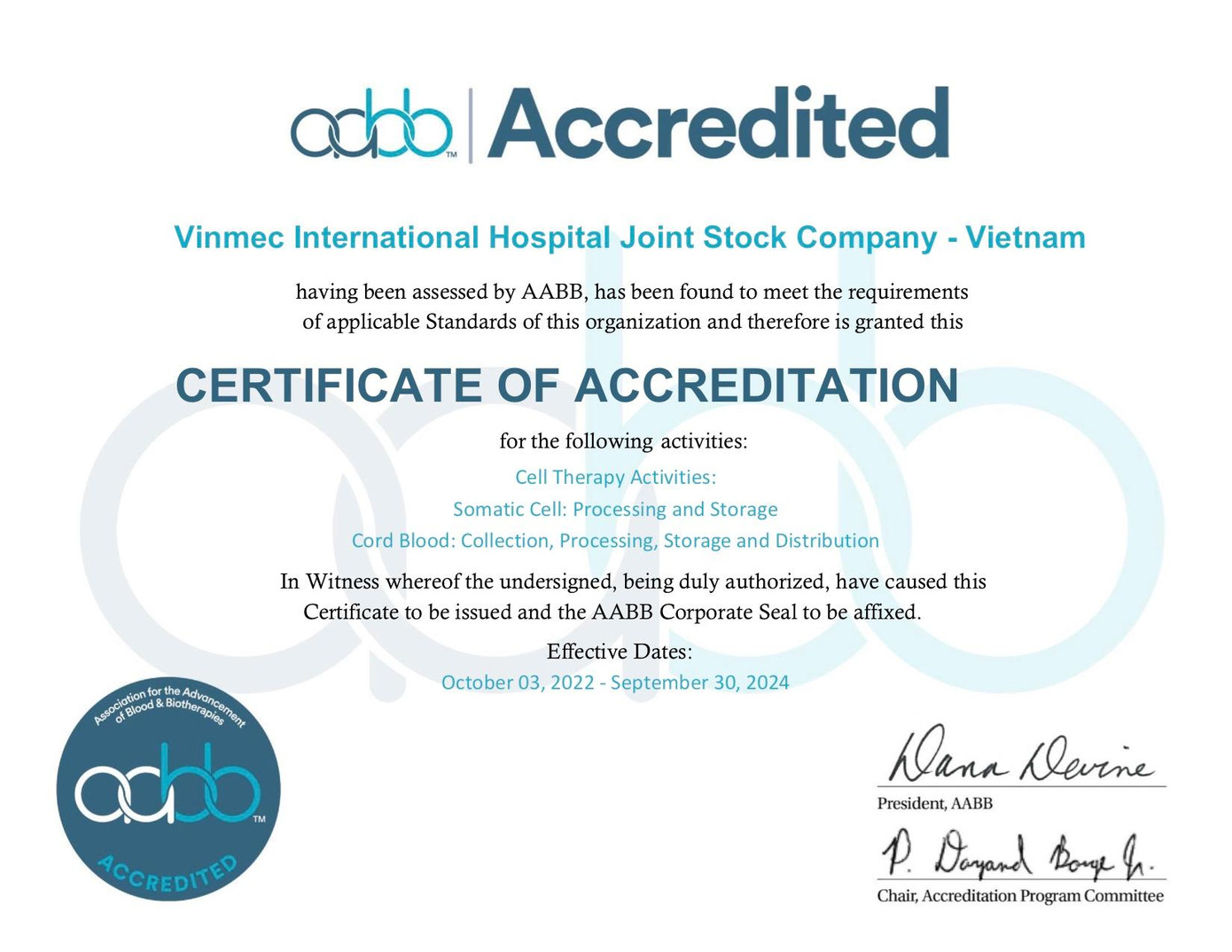 Ngân hàng Mô Vinmec đạt chứng nhận từ Hiệp hội Y học truyền máu và trị liệu sinh học tiên tiến (AABB)