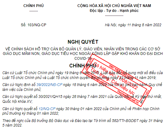 Ảnh chụp Nghị quyết 103/NQ-CP hỗ trợ giáo viên trường tư thục ảnh hưởng bởi Covid-19 trên website ThuVienPhapLuat.vn Ảnh chụp Nghị quyết 103/NQ-CP hỗ trợ giáo viên trường tư thục ảnh hưởng bởi Covid-19 trên website ThuVienPhapLuat.vn