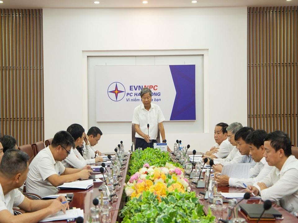 Ông Lê Minh Tuấn, Phó Tổng giám đốc Tổng Công ty Điện lưc Miền Bắc chủ trì cuộc họp tại PC Hải Phòng