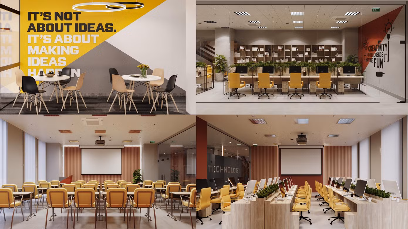 Cả 3 cơ sở vật chất đang hoàn thiện thi thông với décor bắt mắt, gam màu năng động, wifi phủ rộng