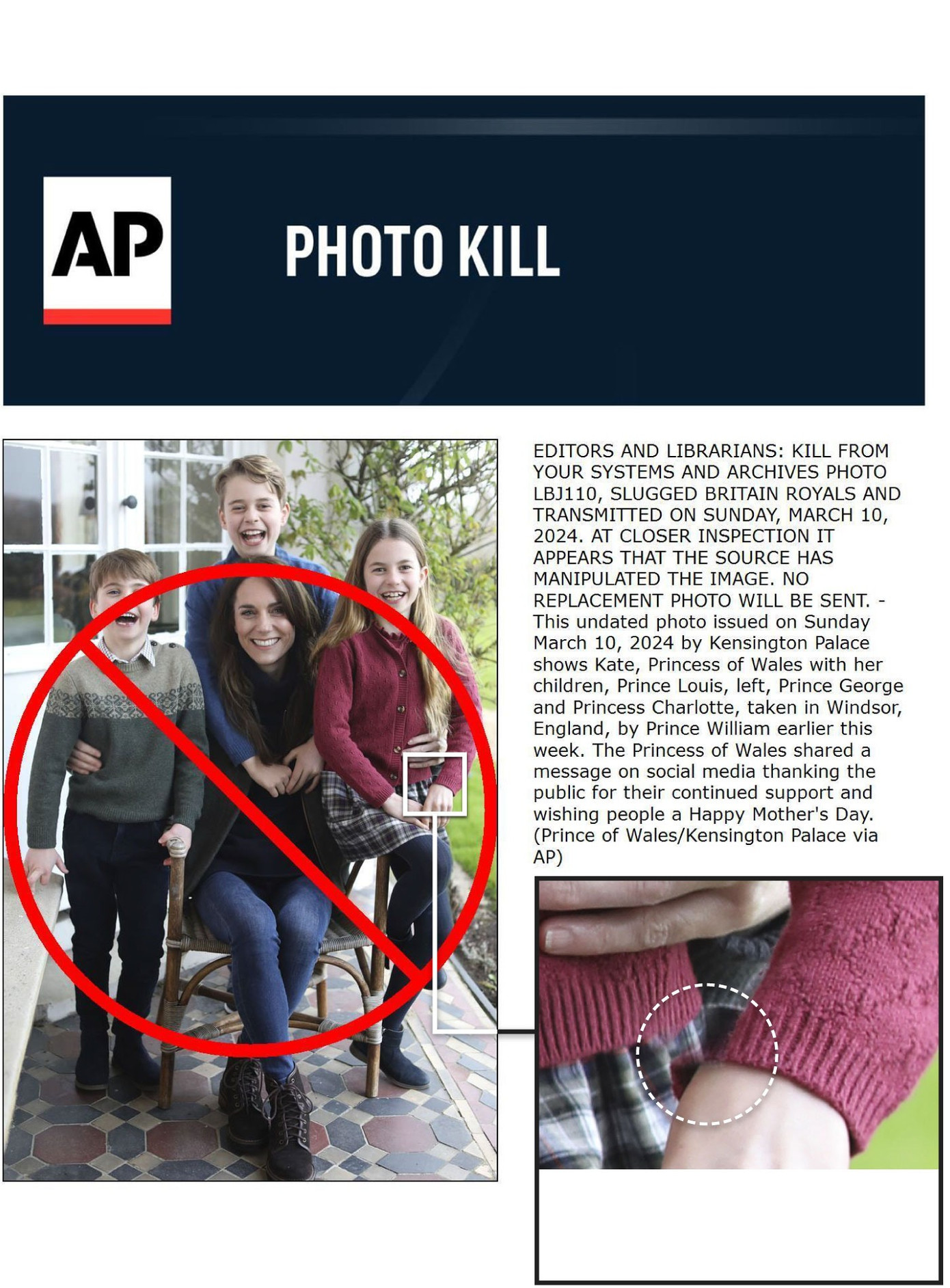 AP sử dụng thông báo "photo kill" cho bức ảnh lỗi của Công nương Kate. Ảnh: AP. AP sử dụng thông báo "photo kill" cho bức ảnh lỗi của Công nương Kate. Ảnh: AP.