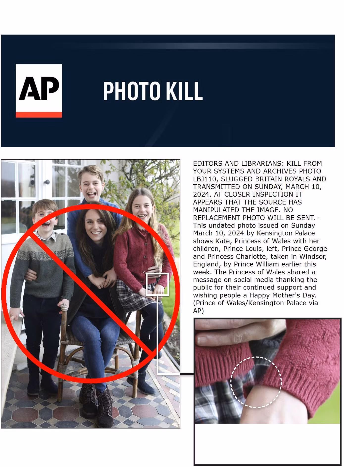 AP sử dụng thông báo "photo kill" cho bức ảnh lỗi của Công nương Kate. Ảnh: AP. AP sử dụng thông báo "photo kill" cho bức ảnh lỗi của Công nương Kate. Ảnh: AP.