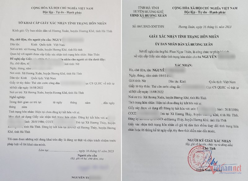 Tờ khai của chị N.T.H. và giấy xác nhận tình trạng hôn nhân sai sự thật