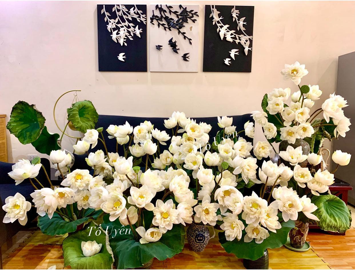 100 bông bách diệp làm nổi bật phòng khách nhà chị Tố Uyên. Ảnh: NVCC