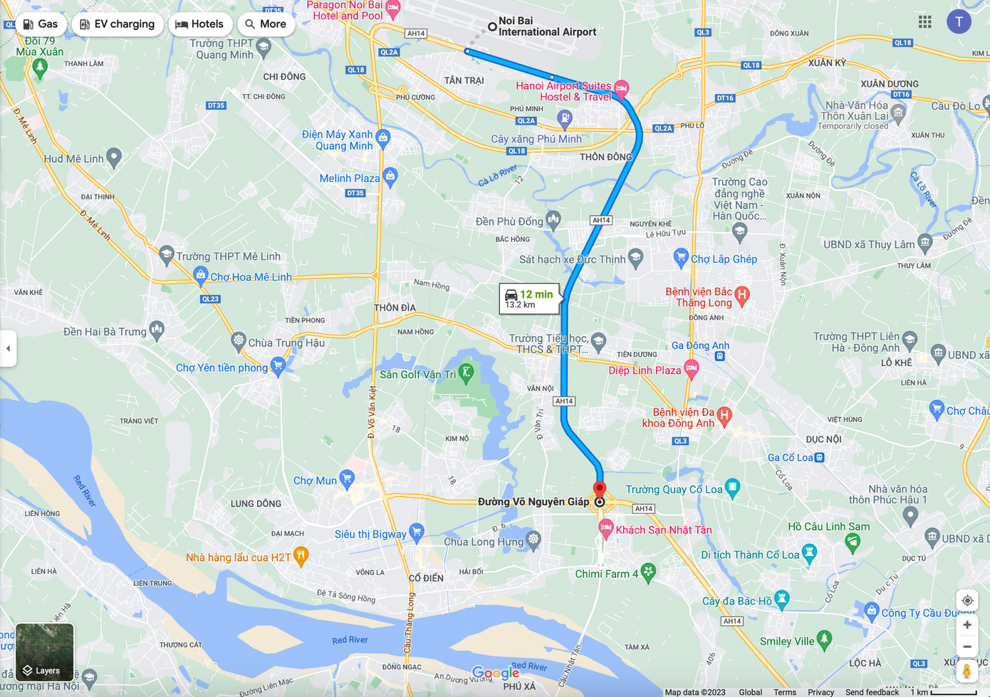 Đường Võ Nguyên Giáp kết nối đầu cầu Nhật Tân (bờ phía bắc) với Cảng hàng không quốc tế Nội Bài (Ảnh: Google Map).
