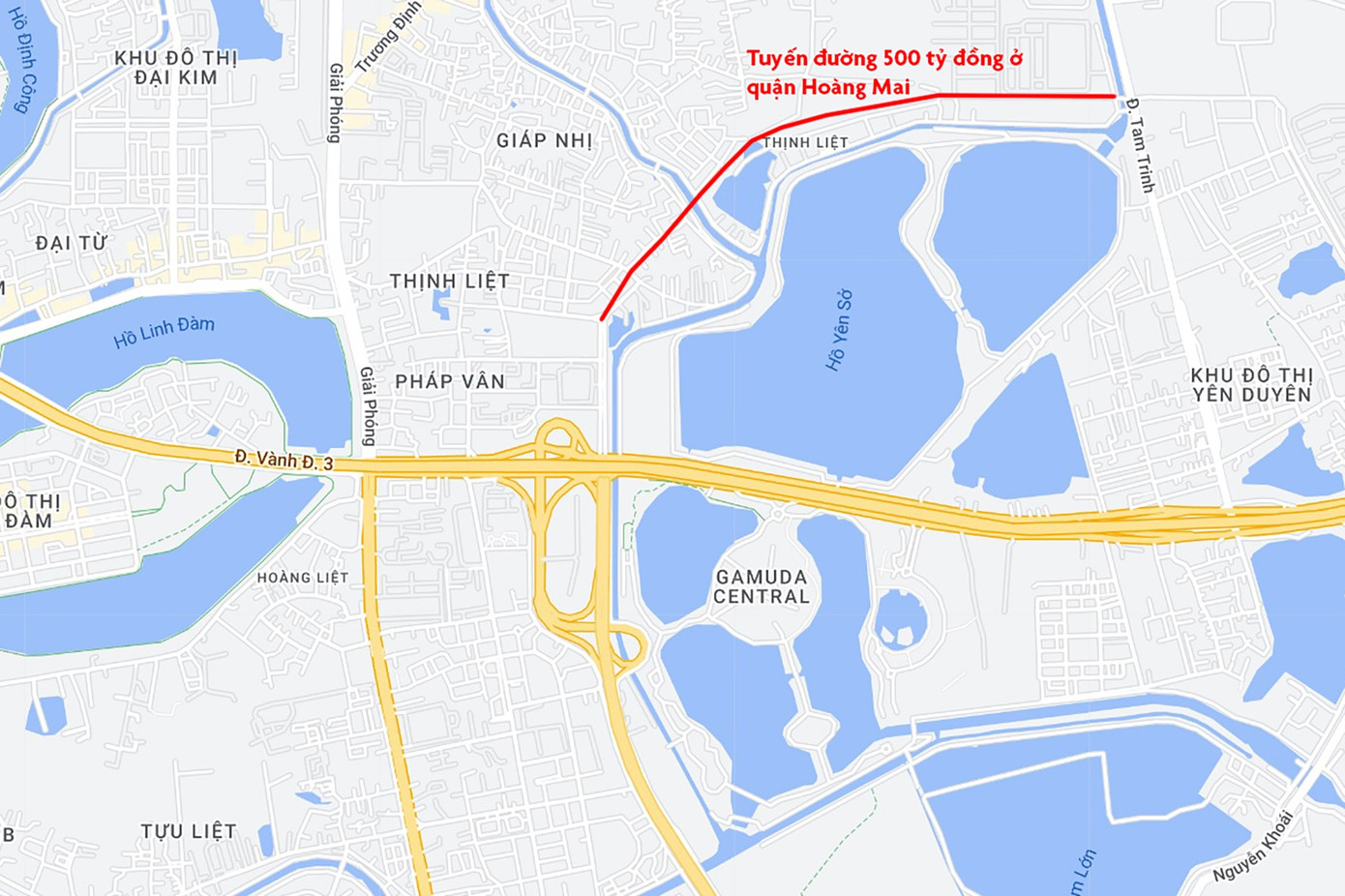 nhà siêu mỏng siêu méo ảnh 18 Vị trí tuyến đường thuộc quận Hoàng Mai, Hà Nội. Ảnh: Google Maps.