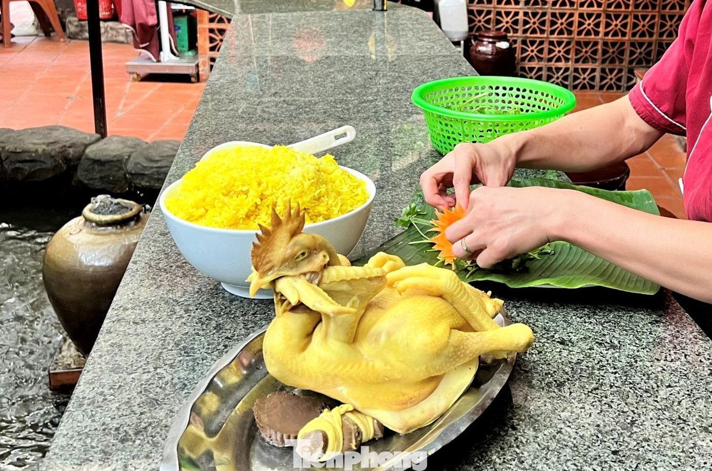 Gà trống chọn cho mâm cỗ thường không quá to, mã đẹp, mào đỏ chói. Người làm phải khéo léo tạo hình thế gà chầu đẹp mắt.