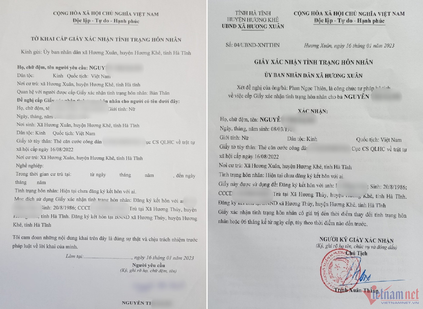 Tờ khai và giấy xác nhận tình trạng hôn nhân sai sự thật