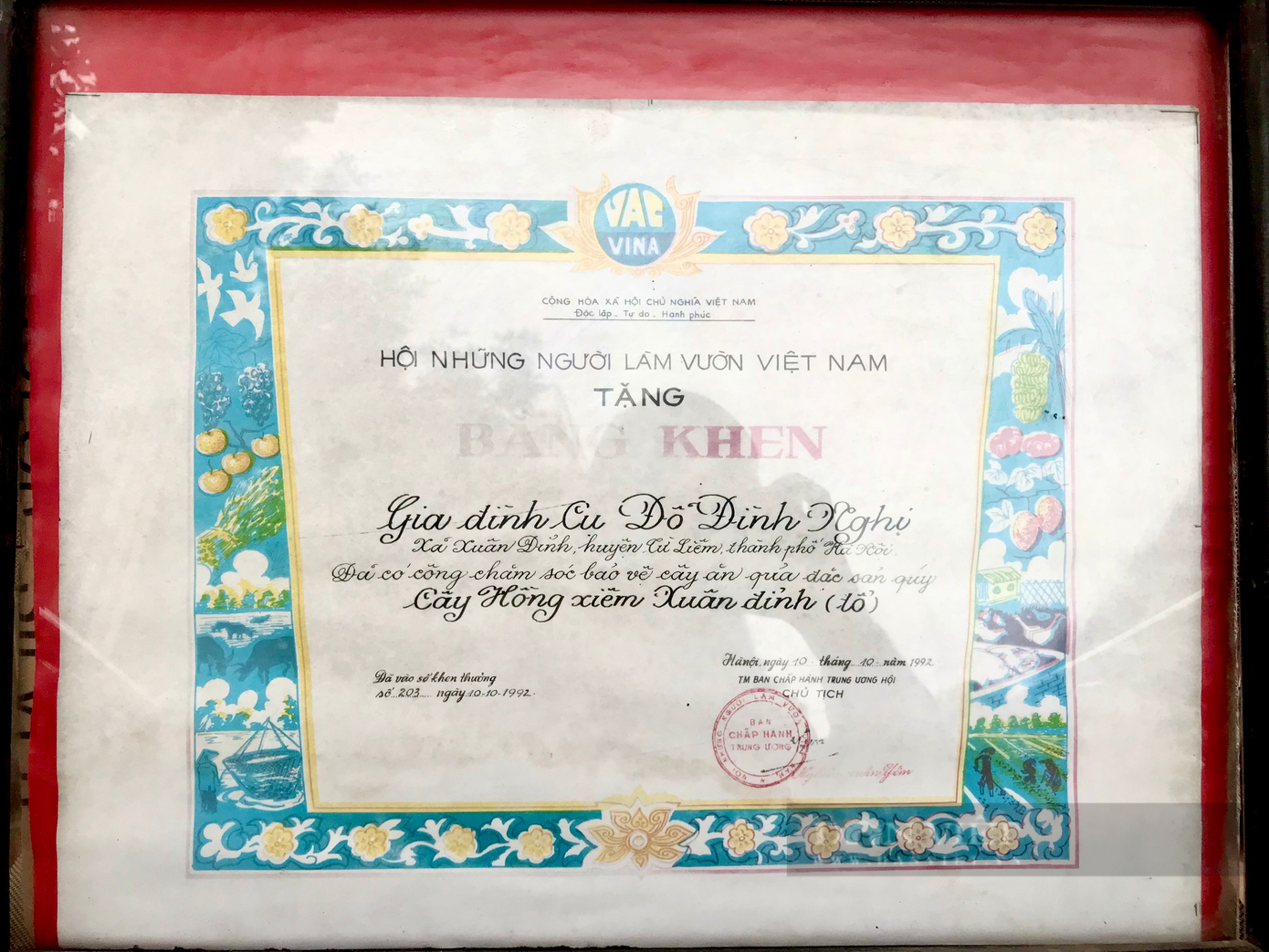 Bằng khen của "Hội những người làm vườn Việt Nam" dành tặng cho gia đình cụ Đỗ Đình Nghị. Ảnh: Nguyễn Tùng. Bằng khen của "Hội những người làm vườn Việt Nam" dành tặng cho gia đình cụ Đỗ Đình Nghị. Ảnh: Nguyễn Tùng.