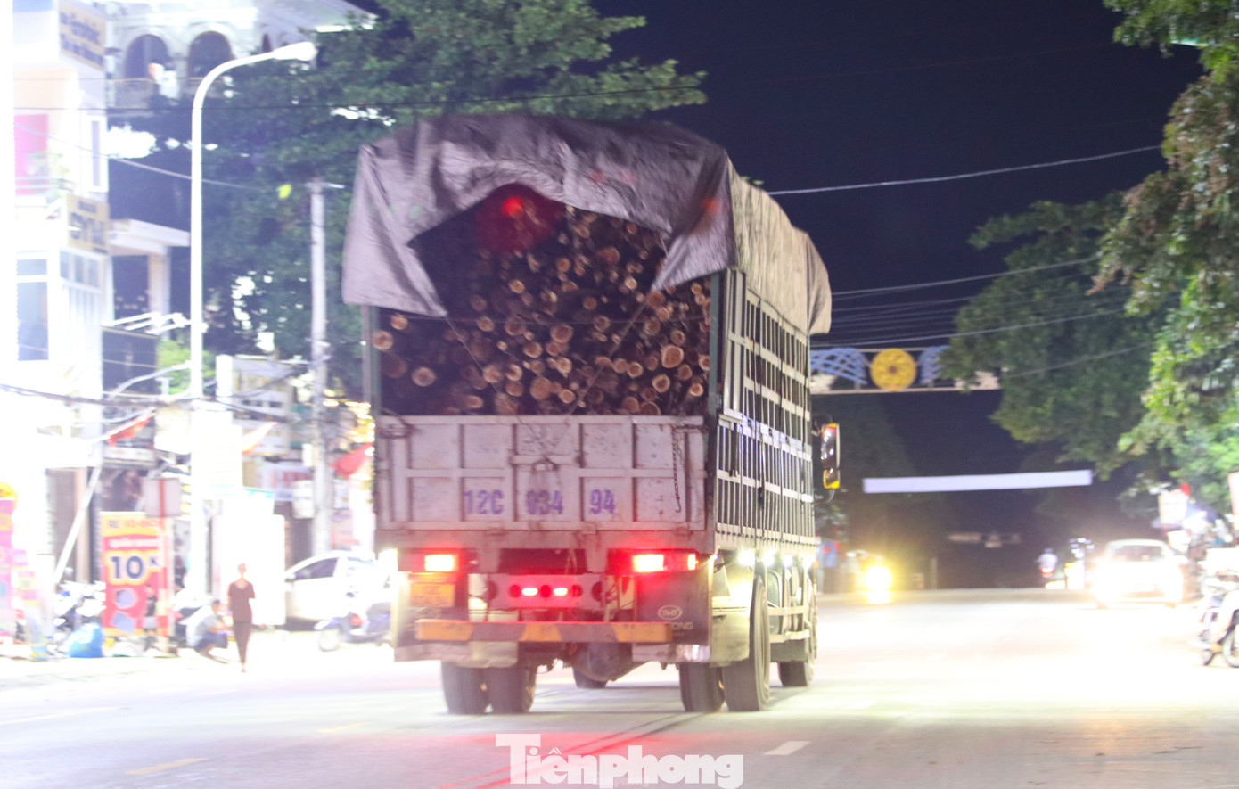 Ban đêm, những chiếc xe "khủng" chở đầy keo vô tư chạy và dừng đỗ đoạn qua địa bàn thị trấn Quỳ Hợp (Nghệ An) tiềm ẩn nguy cơ mất an toàn giao thông.