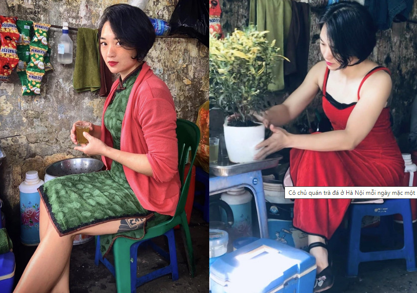 Mỗi ngày, chị Ly đều mặc váy "cá tính" ngồi bán trà đá (Ảnh: NVCC).