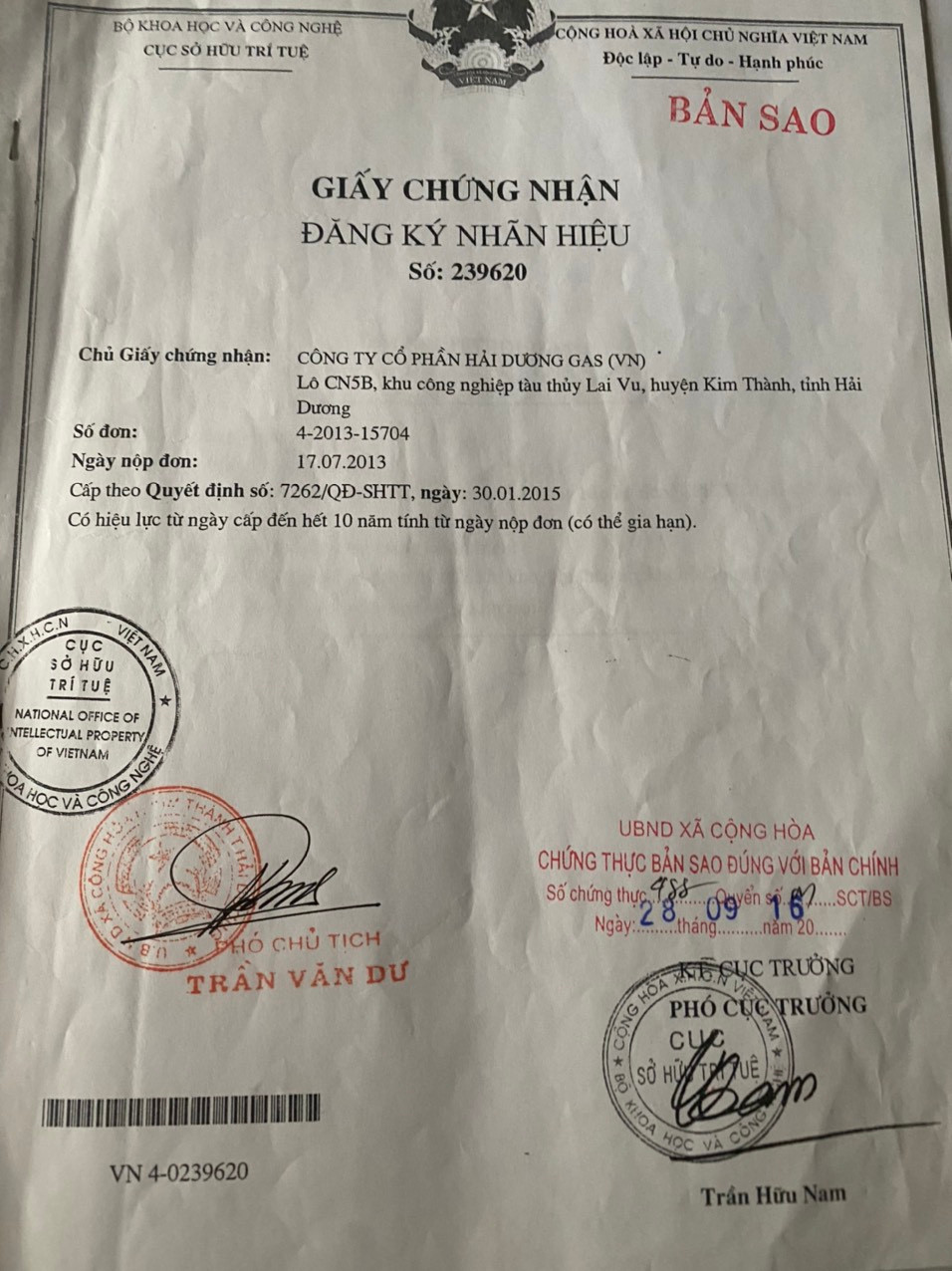 Giấy chứng nhận nhãn hiệu “DAI HAI PETROL GAS được Cục SHTT phát hành.