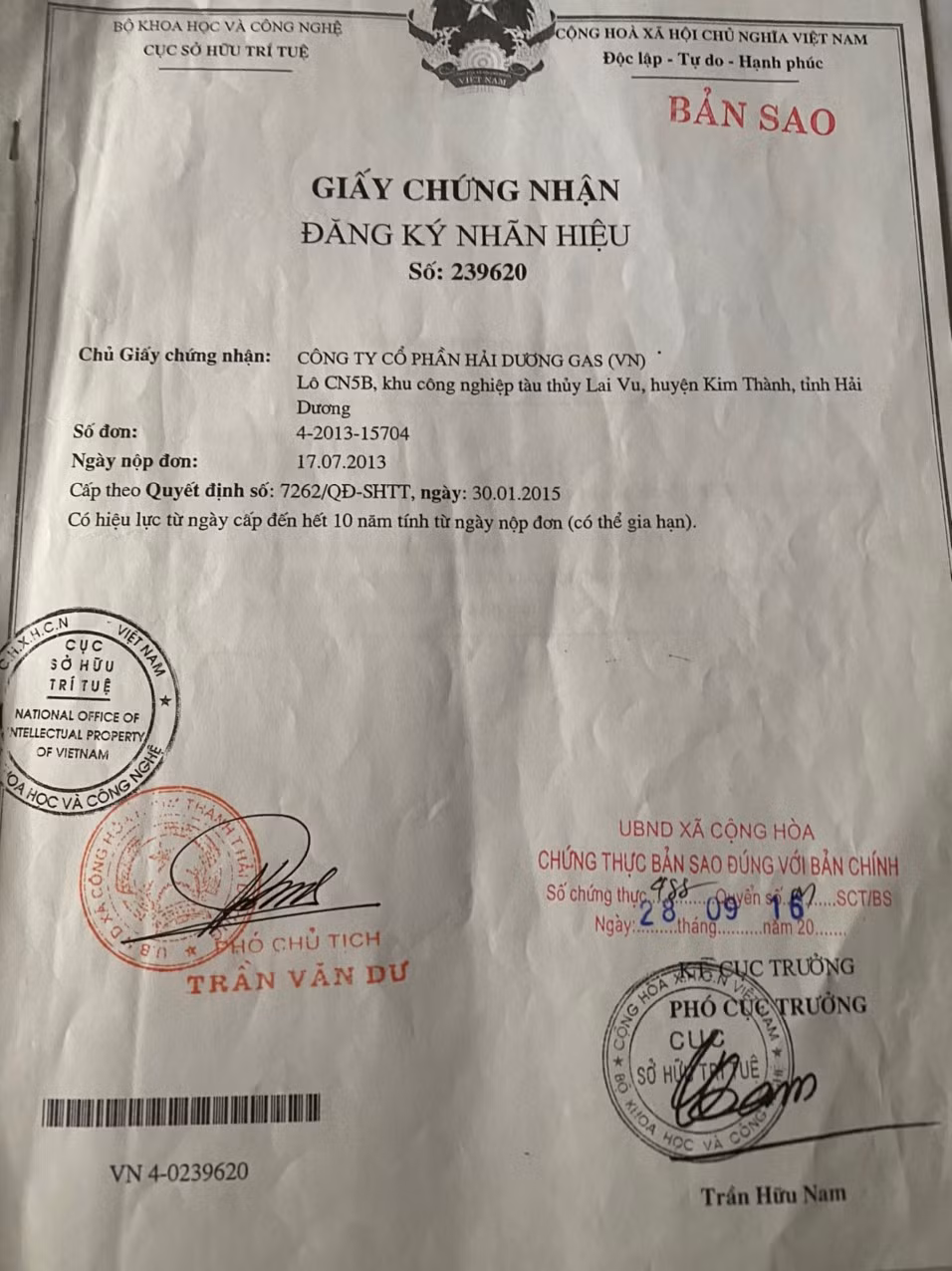 Giấy chứng nhận nhãn hiệu “DAI HAI PETROL GAS được Cục SHTT phát hành.