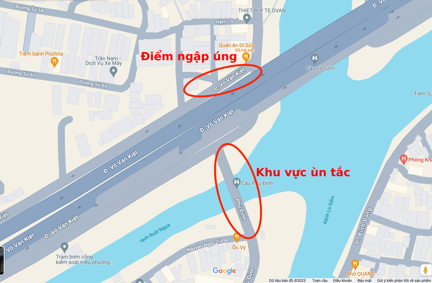 Điểm ngập úng và khu vực xảy ra tình trạng ùn tắc giao thông. (Ảnh chụp từ Google Maps)