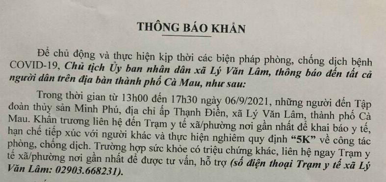 Chủ tịch UBND xã Lý Văn Lâm (thành phố Cà Mau) thông báo đến những ai đã từng tiếp xúc