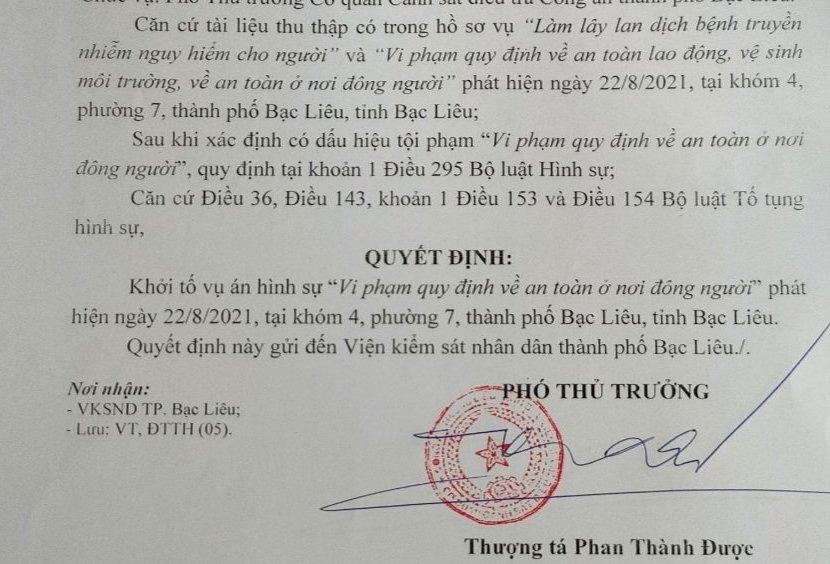 Cơ quan CSĐT Công an thành phố Bạc Liêu quyết định khởi tố vụ án hình sự xảy ra tại Cty F88 Cơ quan CSĐT Công an thành phố Bạc Liêu quyết định khởi tố vụ án hình sự xảy ra tại Cty F88