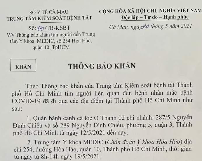 Trích thông báo (khẩn) Trung tâm kiểm soát bệnh tật tỉnh Cà Mau