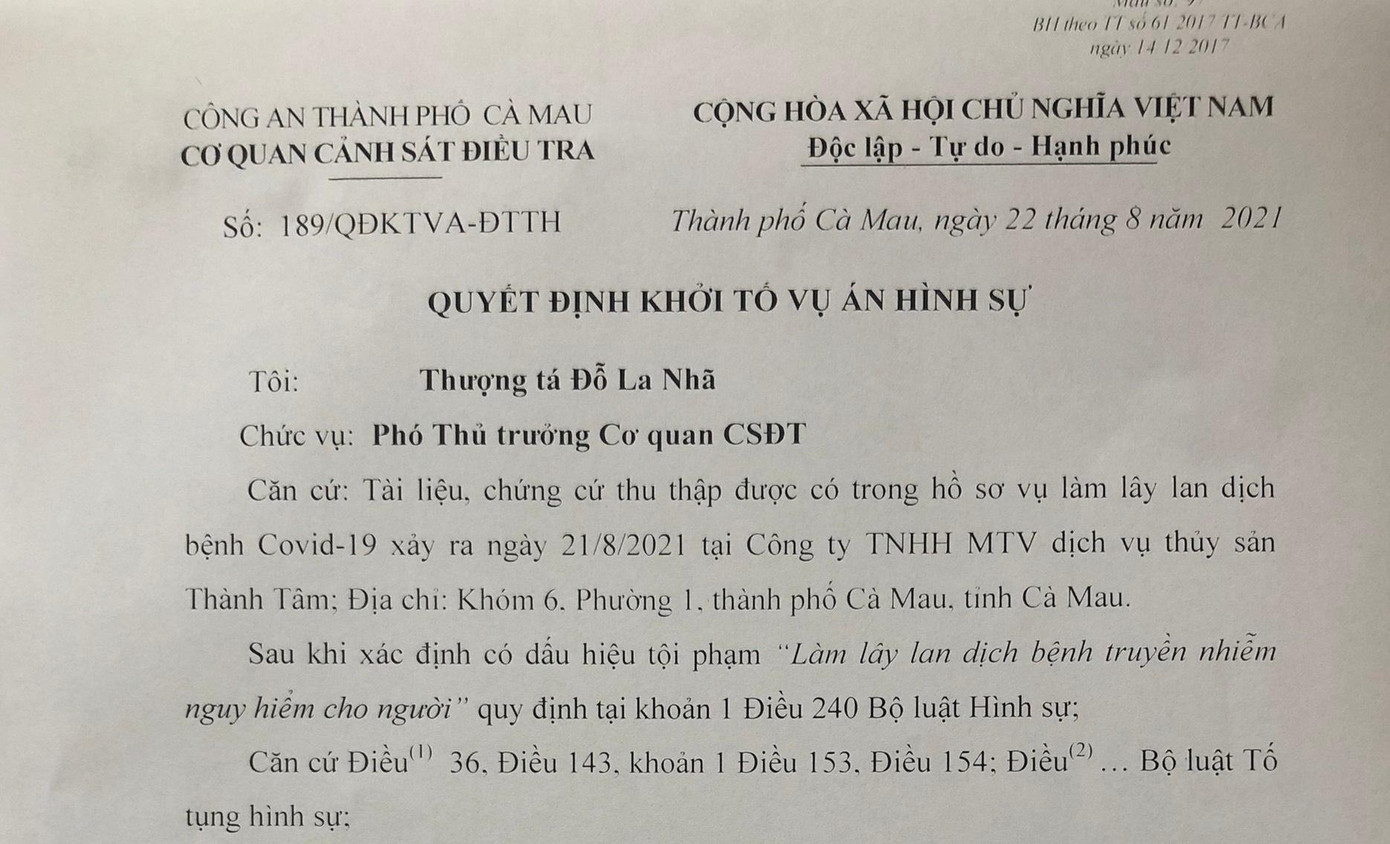 Quyết định khởi tố vụ án được gởi đến Viện KSND thành phố Cà Mau