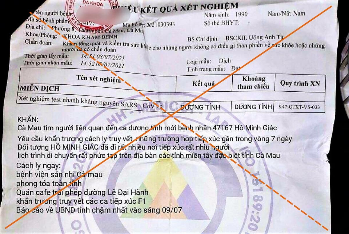Nội dung phiếu xét nghiệm bị làm giả và thông tin sai sự thật