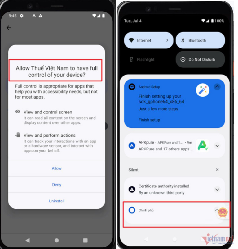 Các đối tượng đã sử dụng gần 195 hệ thống khác nhau để lừa đảo người dân cài đặt ứng dụng thuế giả mạo (Ảnh theo Vietnamnet.vn)