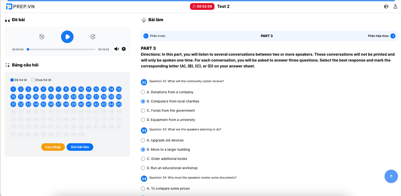 Giao diện của phòng luyện đề ảo TOEIC