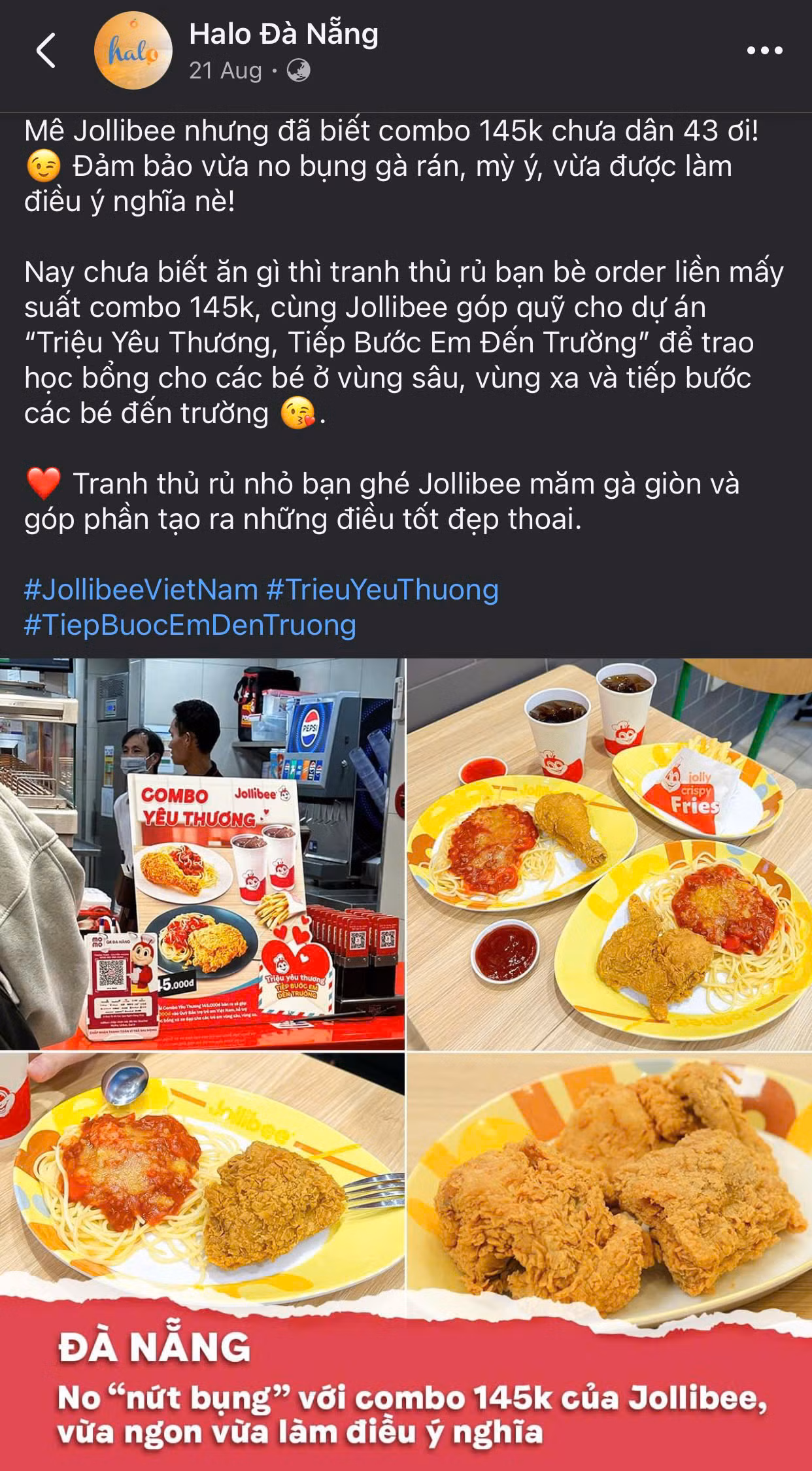 Hình ảnh cộng đồng mạng cùng hưởng ứng tích cực dự án cộng đồng "Triệu Yêu Thương, Tiếp Bước Em đến Trường của Jollibee.