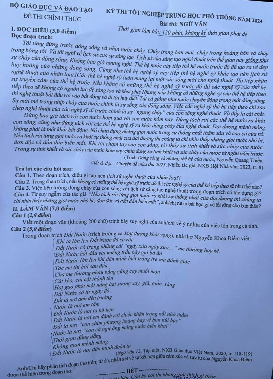 Đề thi môn Ngữ văn kỳ thi tốt nghiệp THPT Quốc gia năm 2024.