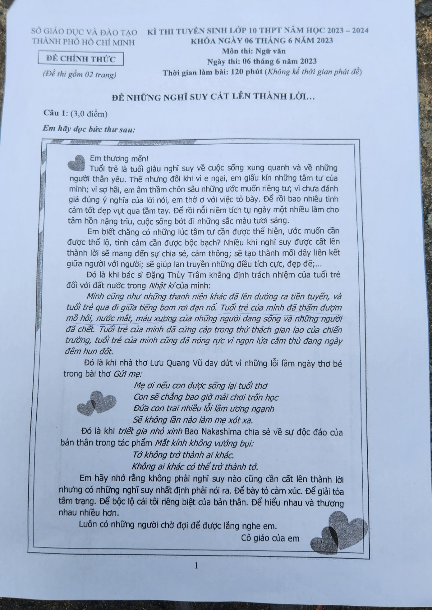 Đề thi môn Ngữ Văn kỳ thi tuyển sinh vào lớp 10 khu vực TP.HCM năm 2023.