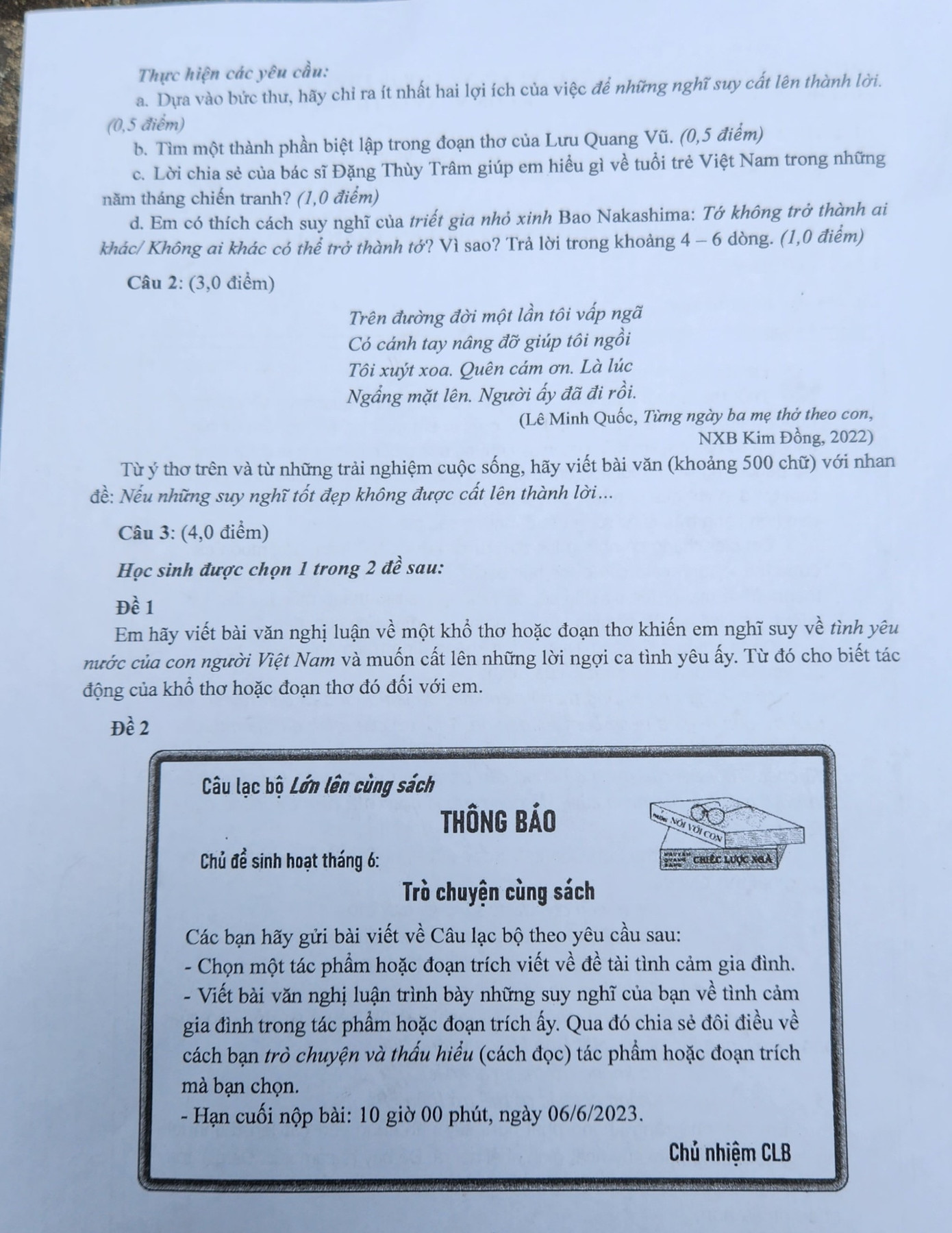 Đề thi môn Ngữ Văn kỳ thi tuyển sinh vào lớp 10 khu vực TP.HCM năm 2023.