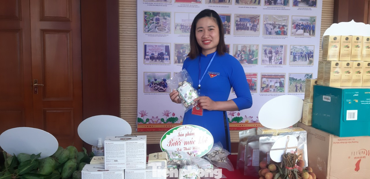 Sản phẩm bưởi khô, tinh dầu bưởi của HTX tham dự hội chợ giới thiệu sản phẩm.