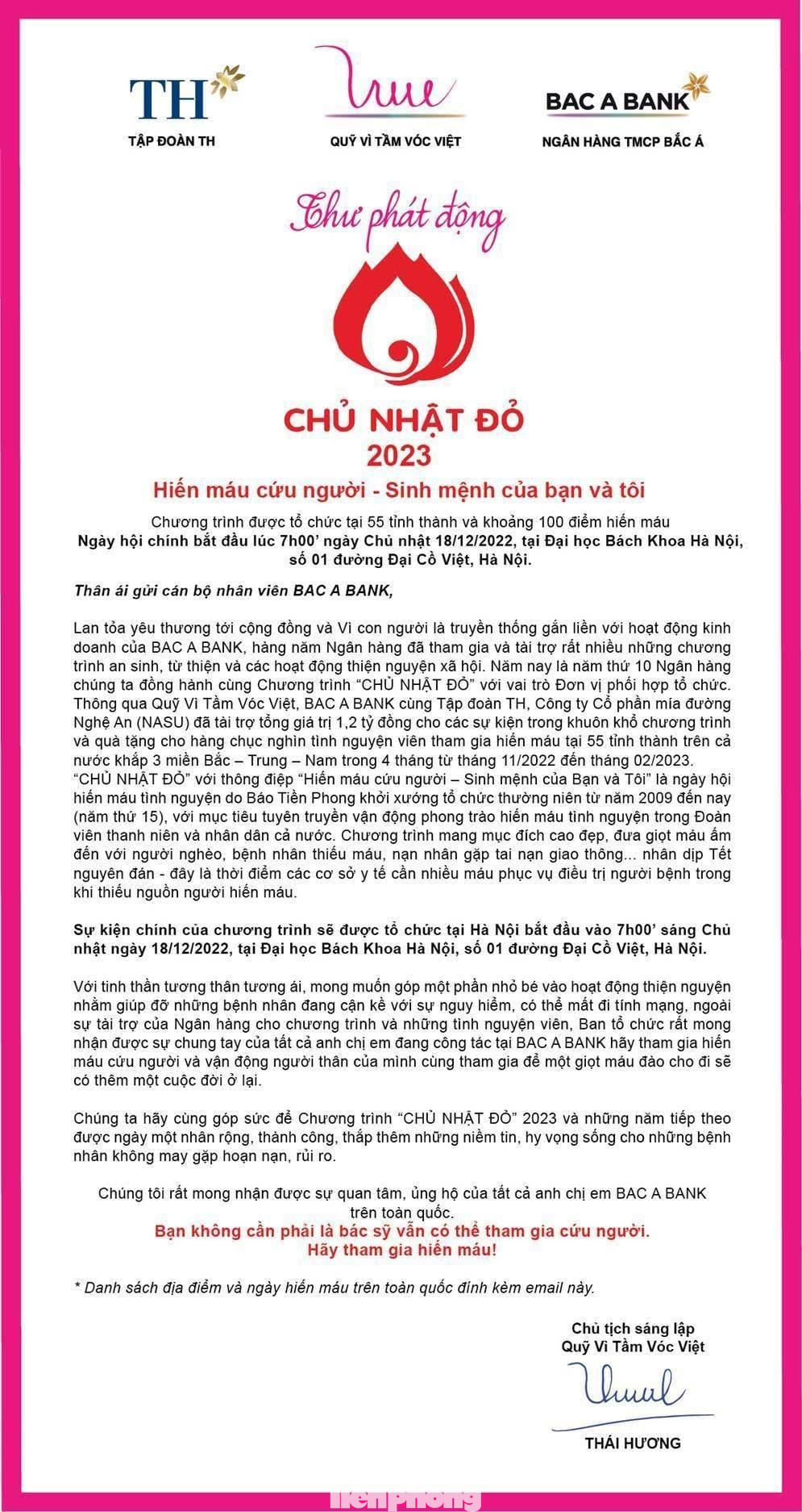 Doanh nhân Thái Hương, Chủ tịch sáng lập Quỹ Vì Tầm Vóc Việt gửi thư phát động cán bộ, nhân viên BAC A BANK tham gia hiến máu tại 55 tỉnh thành trên cả nước.