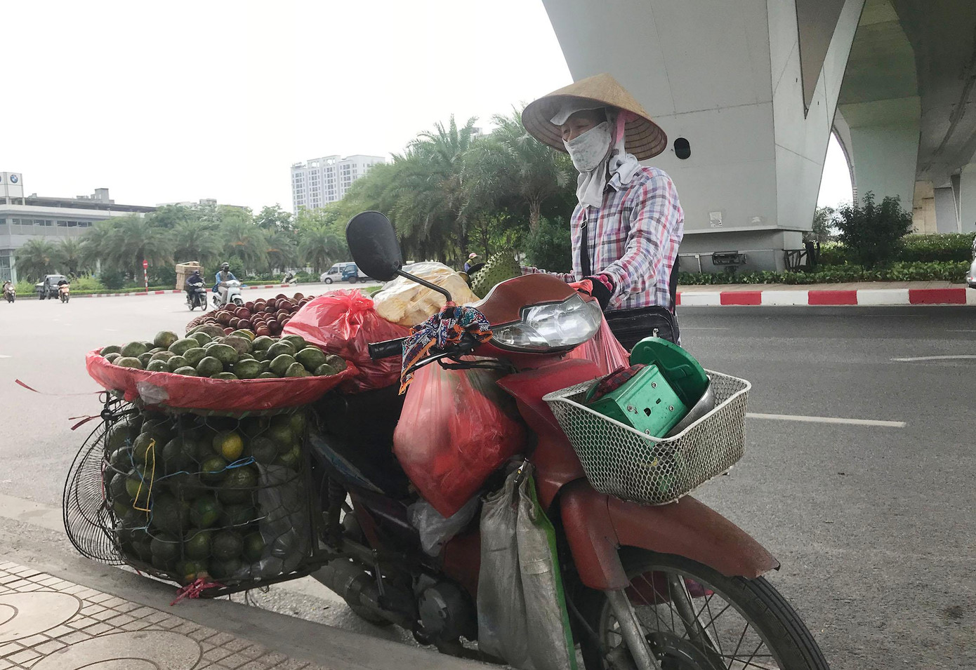 Trời buổi trưa nắng nóng, nhưng chị Nguyễn Thị Luân cố bám trụ ngoài đường để bán hết số hoa quả đã nhập từ sáng. Ảnh: Viết Hà Trời buổi trưa nắng nóng, nhưng chị Nguyễn Thị Luân cố bám trụ ngoài đường để bán hết số hoa quả đã nhập từ sáng. Ảnh: Viết Hà