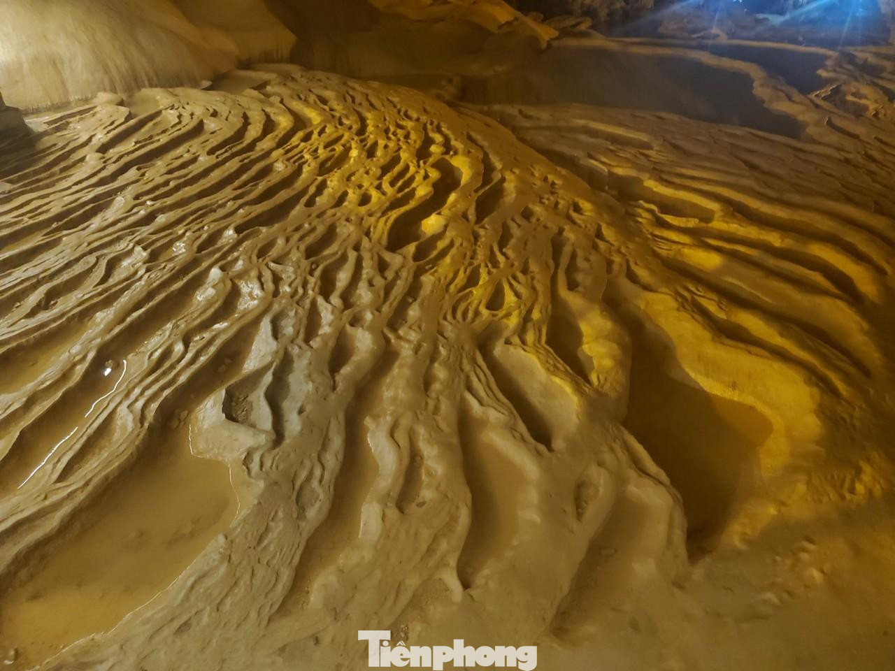 Trong động có nhiều buồng, tầng, bậc thang, hành lang đủ mọi kích cỡ. Động có nhiều nhũ đá, măng đá, cột, rèm, riềm đá... đủ mọi hình dáng, được liên tưởng với những cây san hô, con tàu, thác vàng, thác bạc, đài sen úp ngược, cột đá cô đơn, ruộng bậc thang... Tất cả đều do thiên nhiên tạo nên, mang đến một cảnh quan tuyệt sắc và kỳ ảo có một không hai. Trong ảnh là các sàn đá vôi bị bào mòn tự nhiên được liên tưởng đến những ruộng bậc thang ở vùng núi cao.