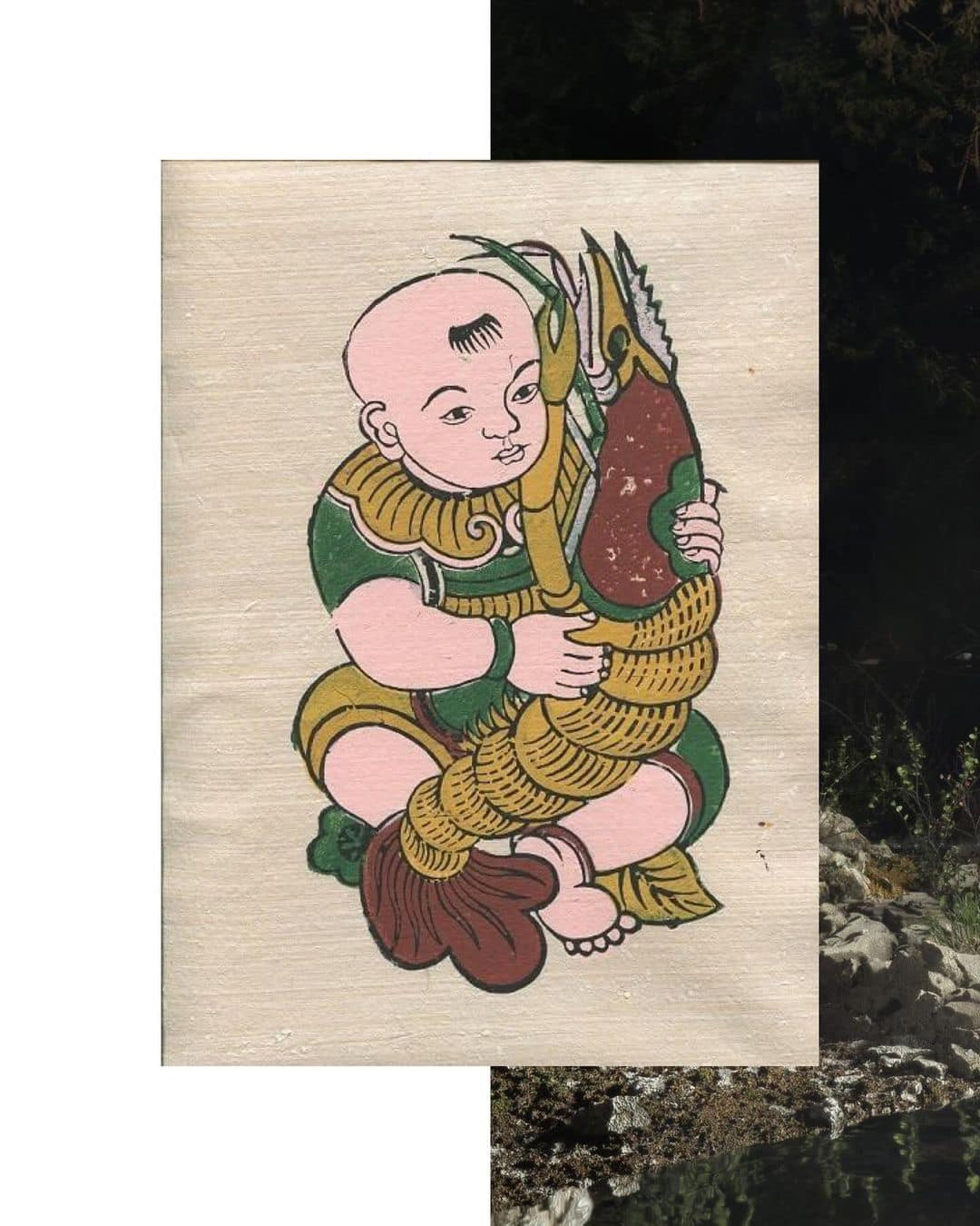 Từ nguyên tác bức tranh Em bé ôm tôm - ôm cá, fashionista Châu Bùi gửi lời chúc về sự thịnh vượng, viên mãn tới người hâm mộ. Từ nguyên tác bức tranh Em bé ôm tôm - ôm cá, fashionista Châu Bùi gửi lời chúc về sự thịnh vượng, viên mãn tới người hâm mộ.