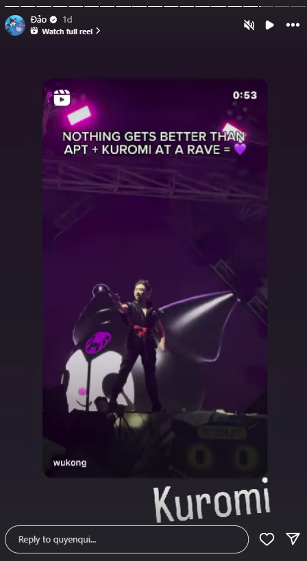 Quyên Qui đăng lại (repost) bài đăng của Wukong, thể hiện sự thích thú với nhân vật Kuromi.