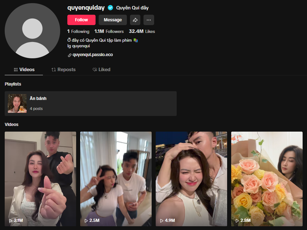 Tài khoản TikTok của Quyên Qui hiện chỉ follow một mình Wukong, đăng tải liên tiếp 3 video sánh đôi cùng Wukong sau khi show hẹn hò kết thúc.