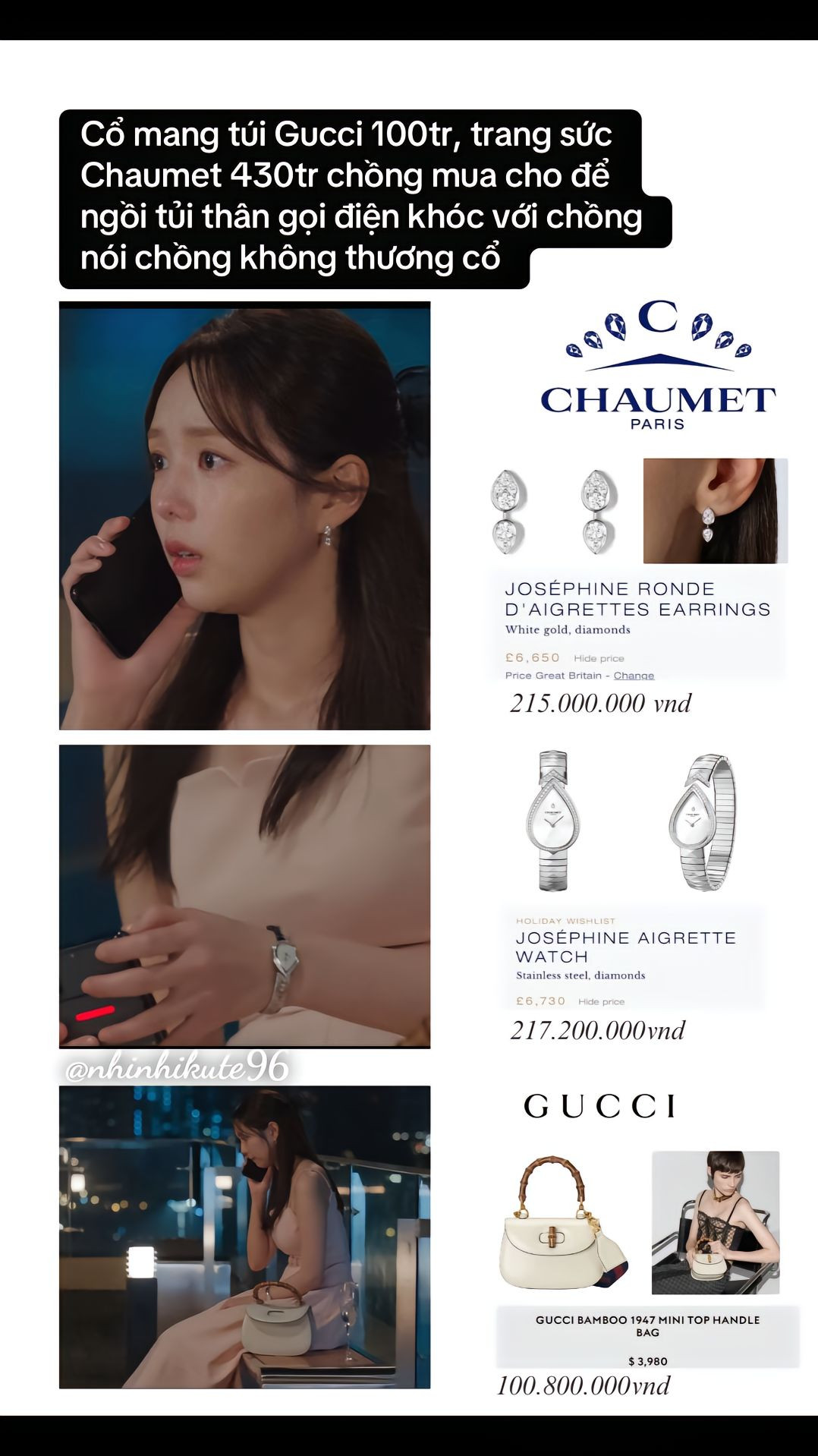 Trong tạo hình tiệc tối ở tập 4 mới nhất, chỉ tính riêng giá trị phụ kiện gồm đôi bông tai, đồng hồ Chaumet, túi xách Gucci đã hơn nửa tỷ đồng.