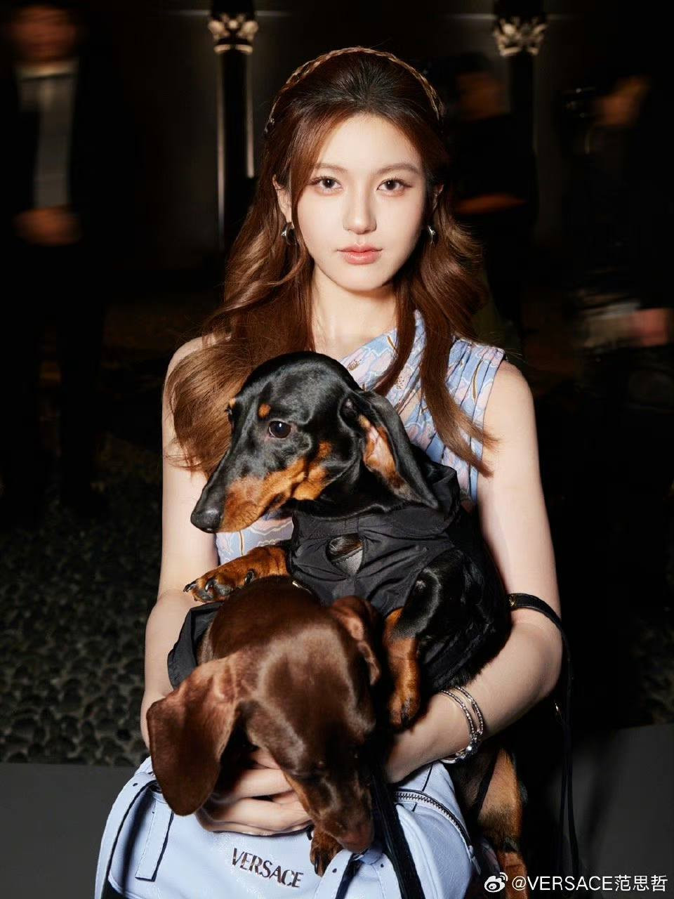 Triệu Lộ Tư tham dự show diễn của nhà mốt Ý cùng hai chú cún cưng tên Doe và Điểm Điểm.